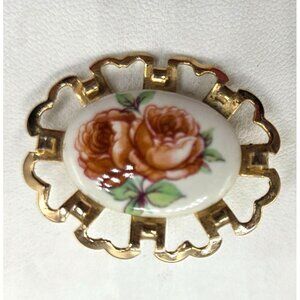 Vintage Gold-Tone Porcelain Rose Brooch With Hand-Painted Floral Design